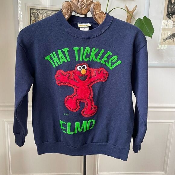 Vintage 90s Sesame Street That Tickles! Elmo Sweatshirt Blue Unisex Youth L 14 1 - Picture 1 of 8